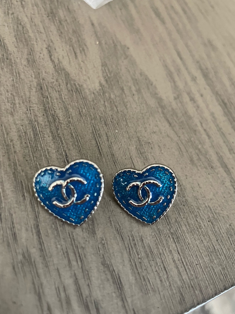Upcycled Blue Heart CC Enamel Earrings - Picture 3 of 4